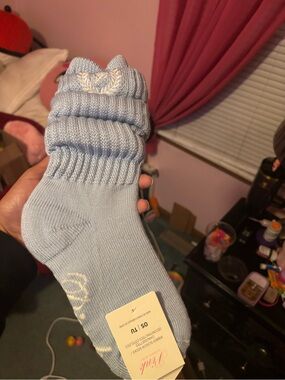 Victoria's Secret PINK Light Blue Ribbed Slouch Socks with White Detail
